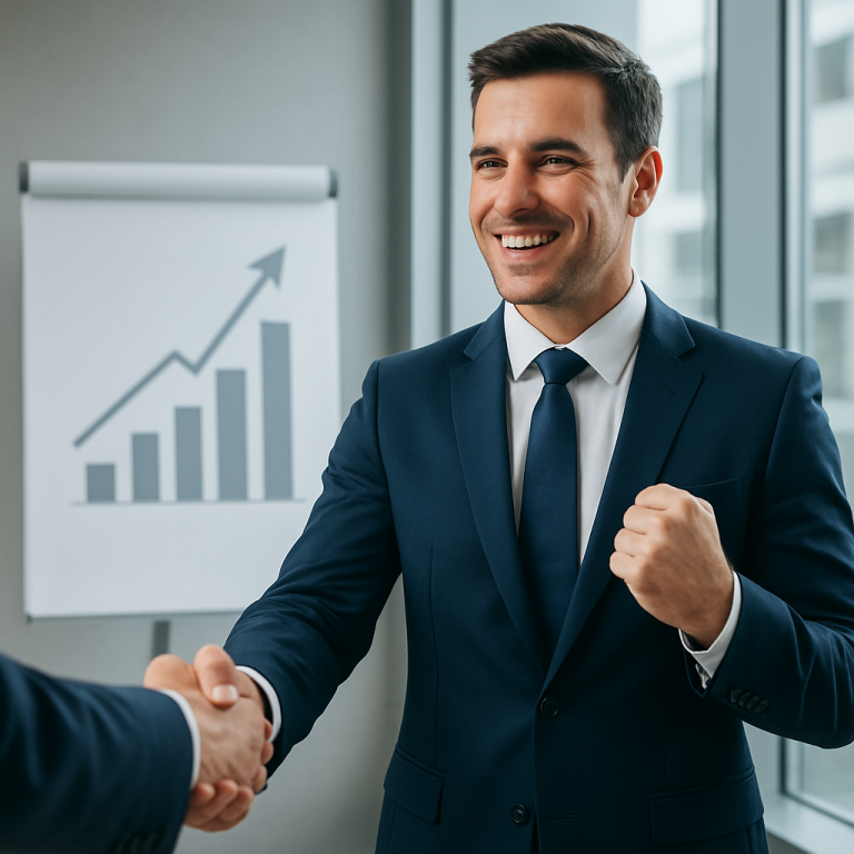Hombre de negocios con traje sonriente, estrechando manos ante gráfico en aumento.