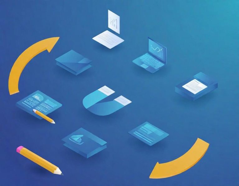 Iconos de documentos y herramientas de diseño dispuestos en un fondo azul.