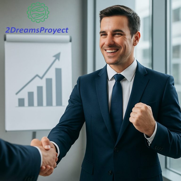 Hombre de negocios sonriente estrechando manos, gráfico de crecimiento detrás.