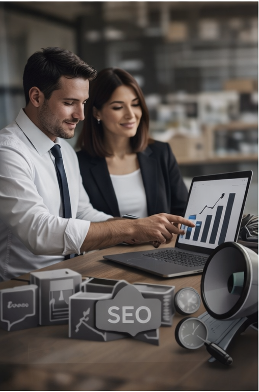 Pareja de profesionales analizando gráficos de crecimiento en una laptop. SEO visible en la mesa.