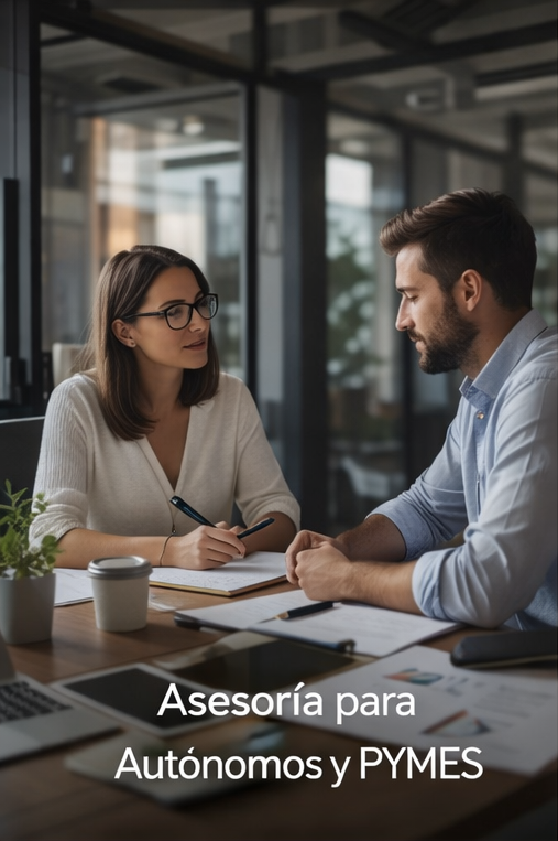 Dos personas conversan sobre asesoría para autónomos y PYMES en un entorno profesional.